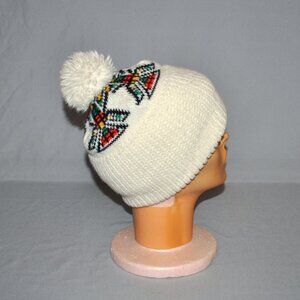 Vintage Winter Pom Pom Hat Off-white & Multicolor Knit Geometric Beanie Hat